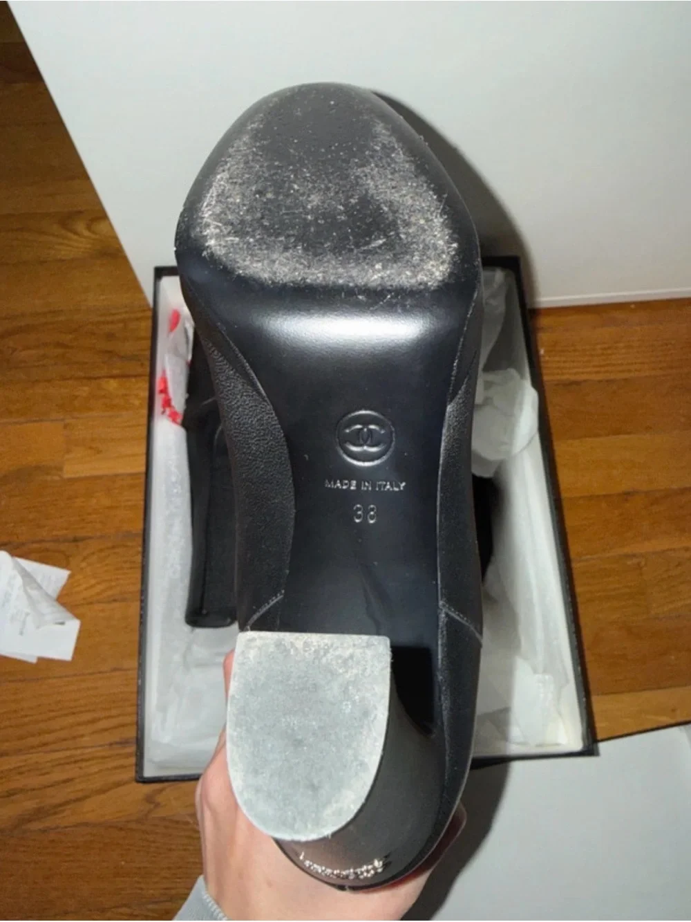 CHANEL Black Leather Mid-Calf Heeled Boots with CC Heel Logo - Picture 6 of 7
